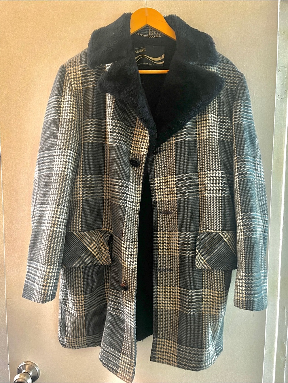Men's Black & Gray Plaid Trench Coat with Faux Fur Collar